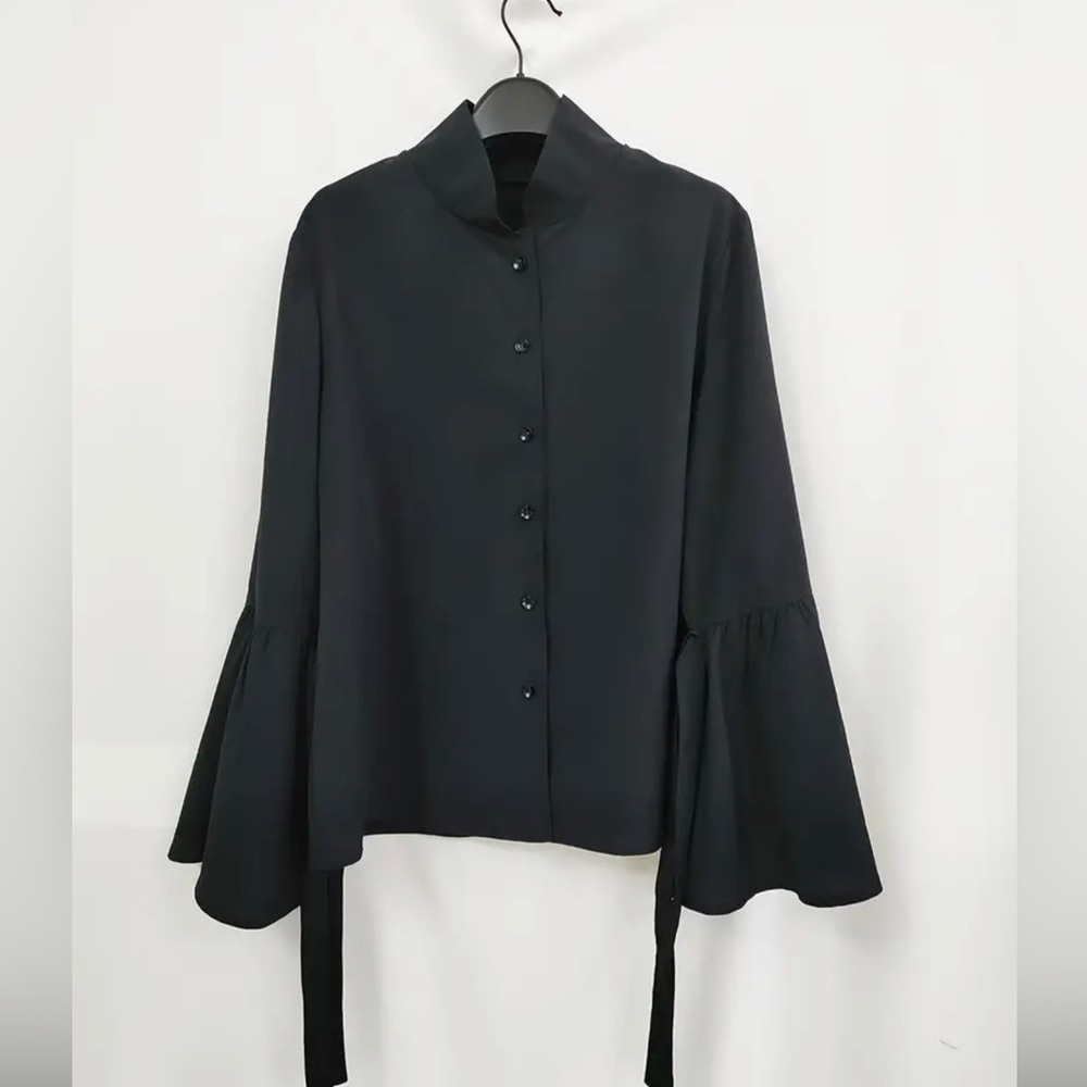 Plus Size Black Button Front Blouse Dramatic Ruffle Bell Cuffs - Picture 7 of 8